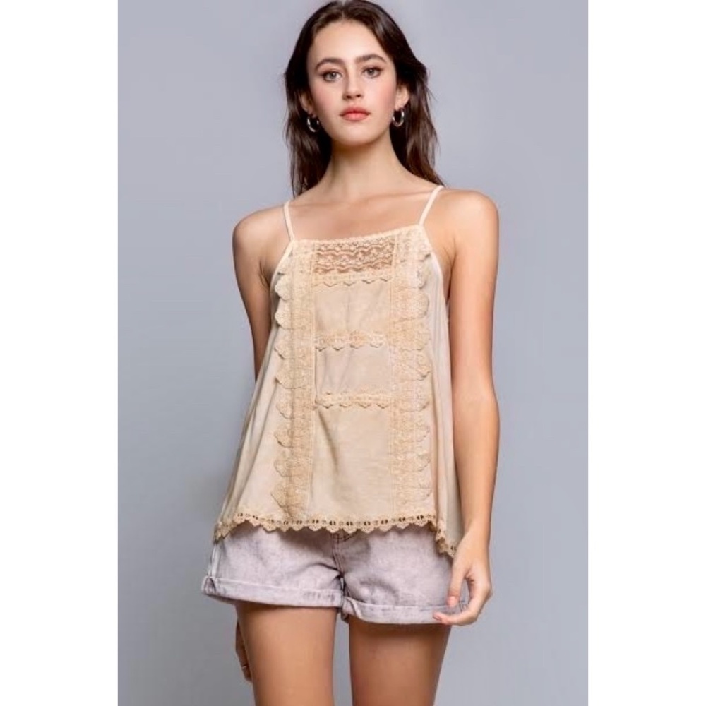 POL Golden Sand Lace Detail Spaghetti Strap Rayon Cami Top - Picture 6 of 6